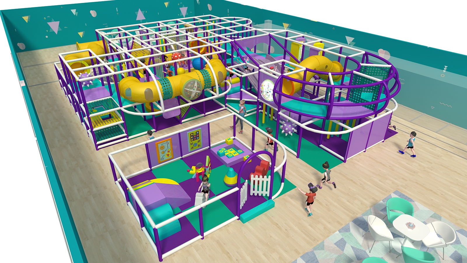 2 Level Purple & Green Custom Indoor Playscape w/ Toddler Area