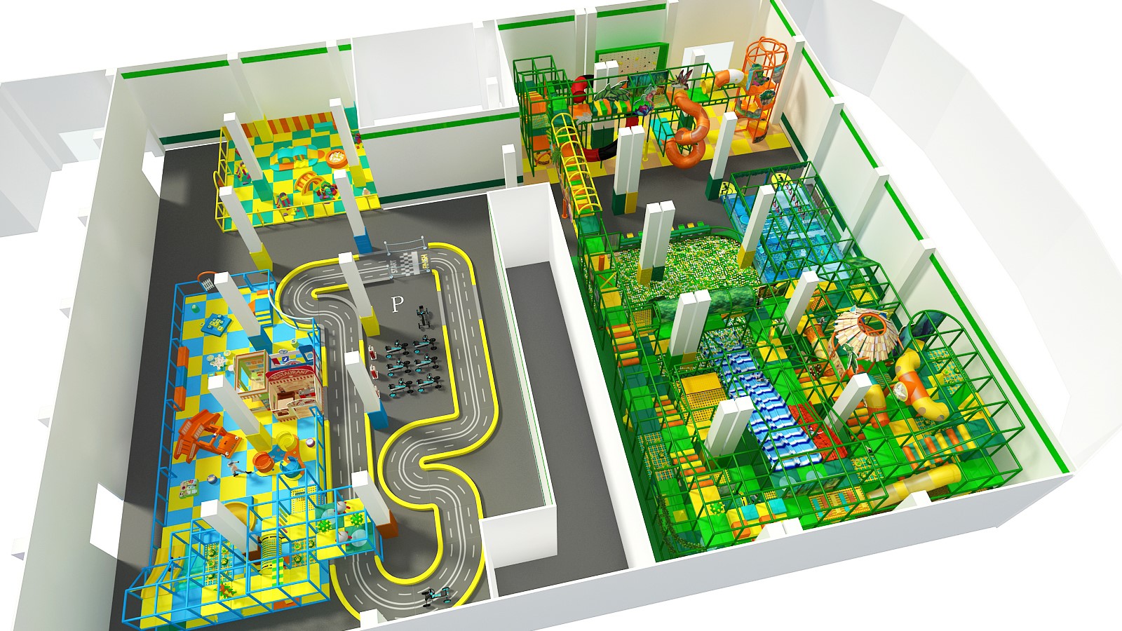Large Indoor Play City with Playground Structure, Race Track and More