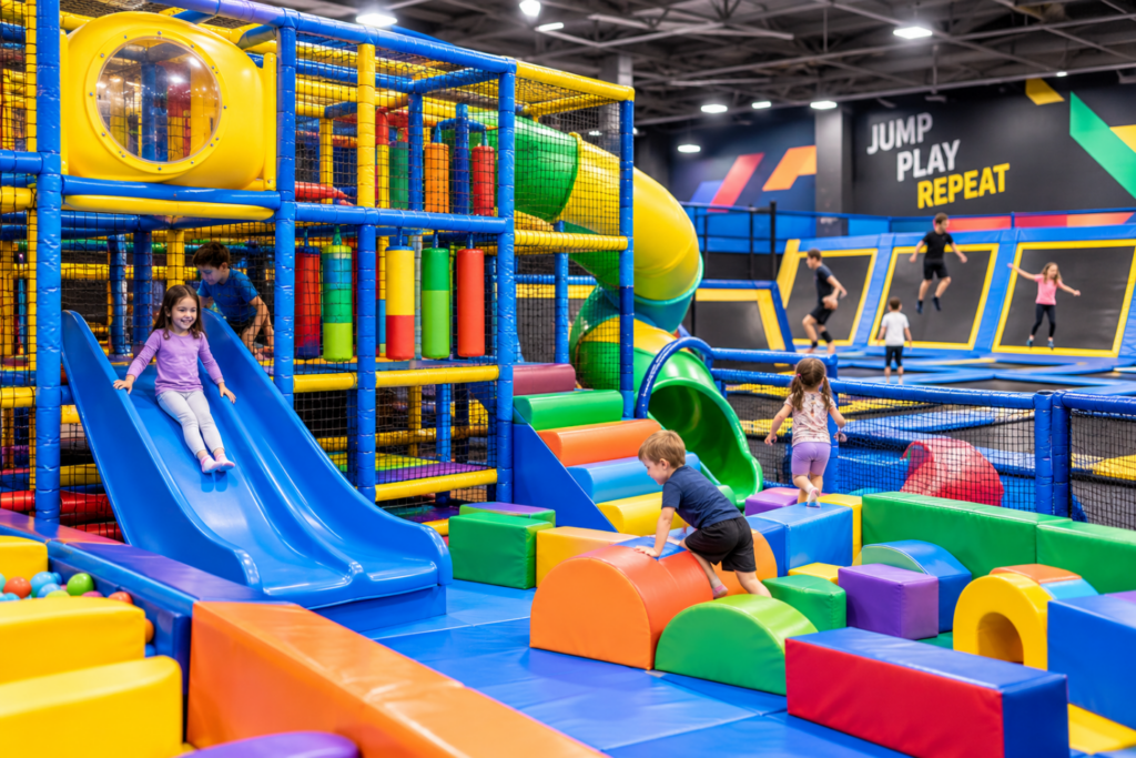 Commercial soft play equipment in a trampoline park