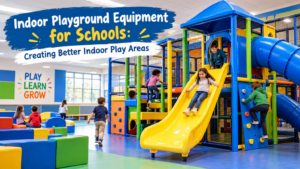Indoor playground equipment for schools with children playing on slides and climbing structures